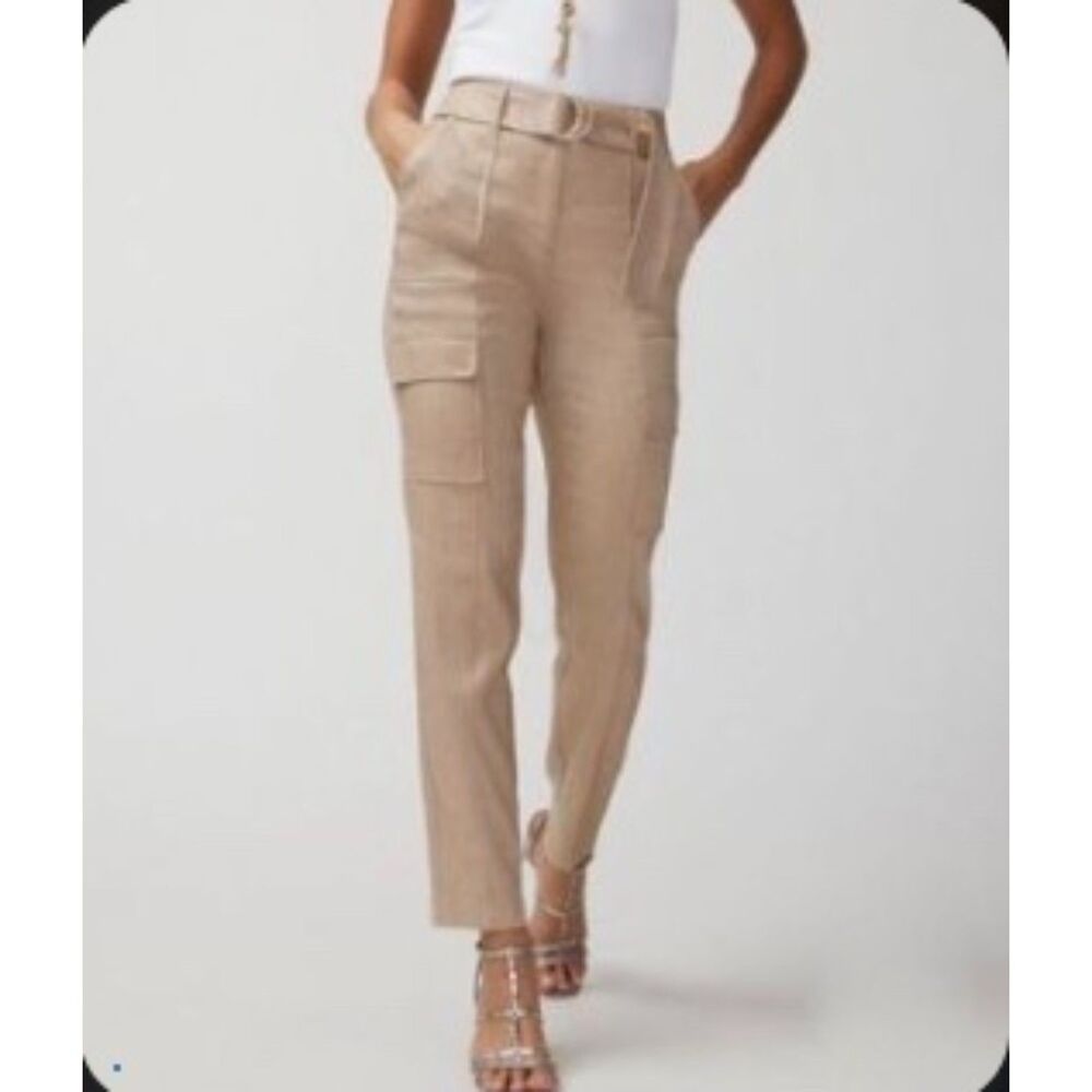 EUC White House Black Market Tan Linen Tapered Leg Cargo Pants 12 S